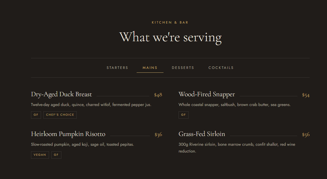 The Olive & Ember digital menu
