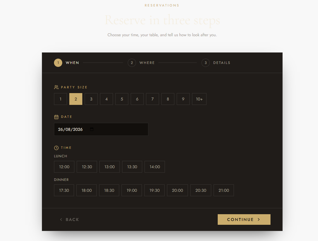The Olive & Ember table booking flow