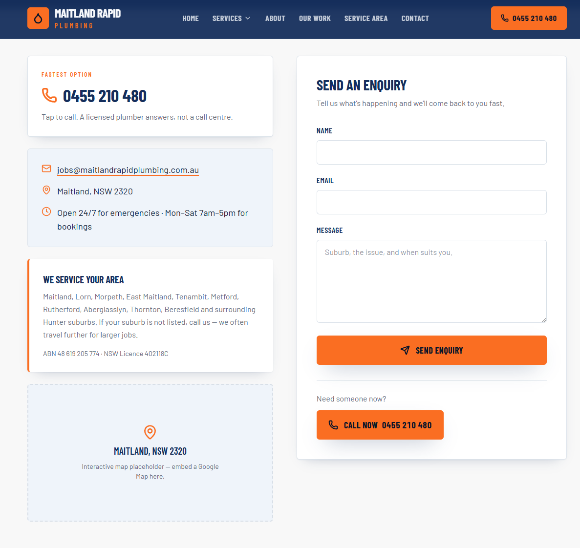 Maitland Rapid Plumbing enquiry form