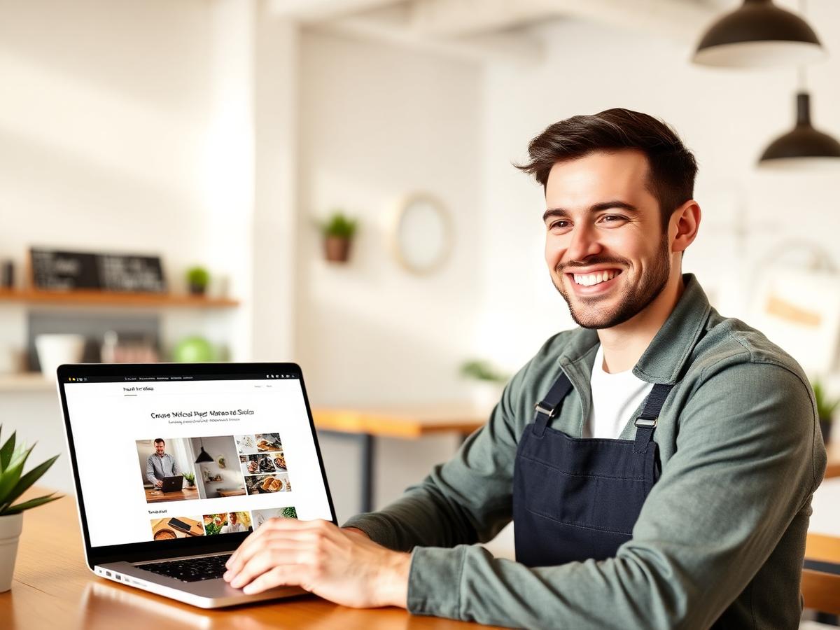 A small business owner reviewing their new website on a laptop